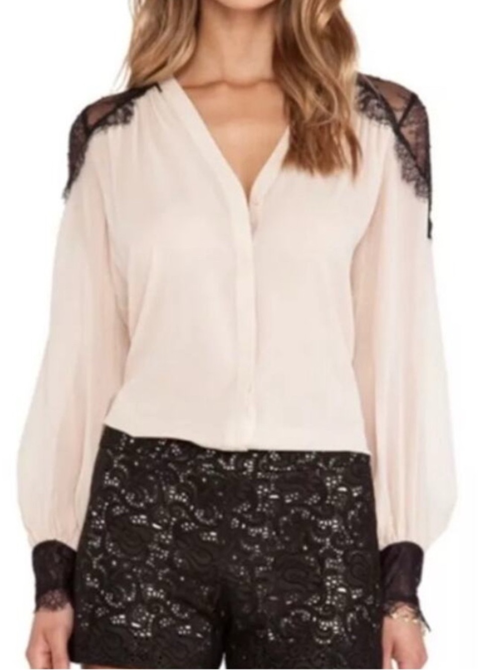 ALICE + OLIVIA Sofia Lace Shoulder Silk Blouse in Nude Lip Size M